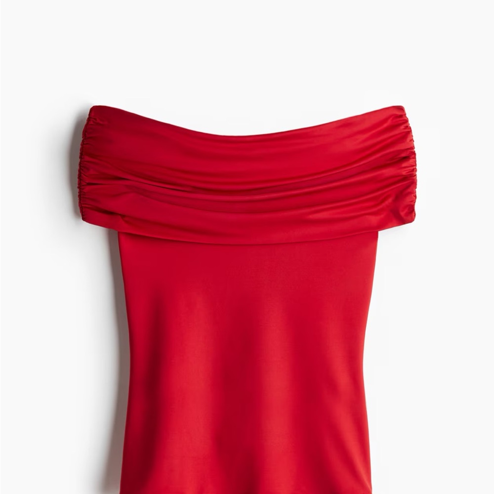 H&M Red Gathered Off-Shoulder Top